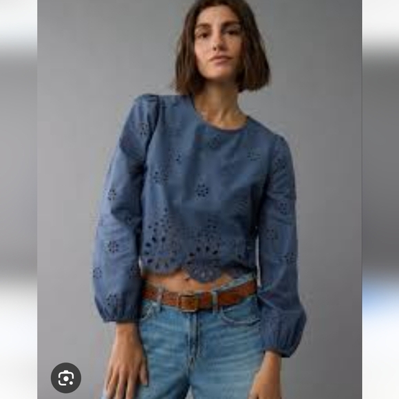 American Eagle AE Cotton Floral Eyelit Embroidered Cropped Top Blue Size M - Picture 2 of 10